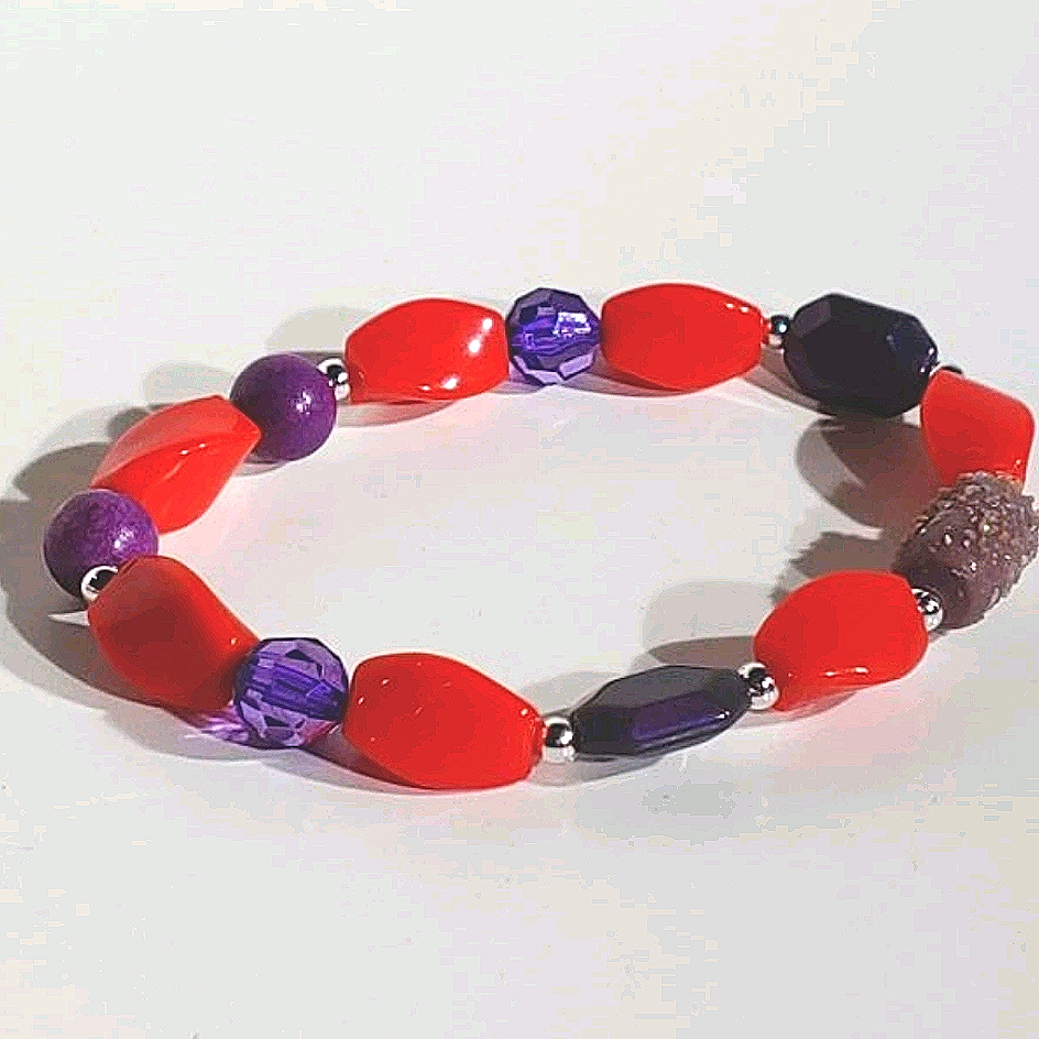 ``Rh25112 Hand-Made Red Hat Red, Purple & Silver Bracelet